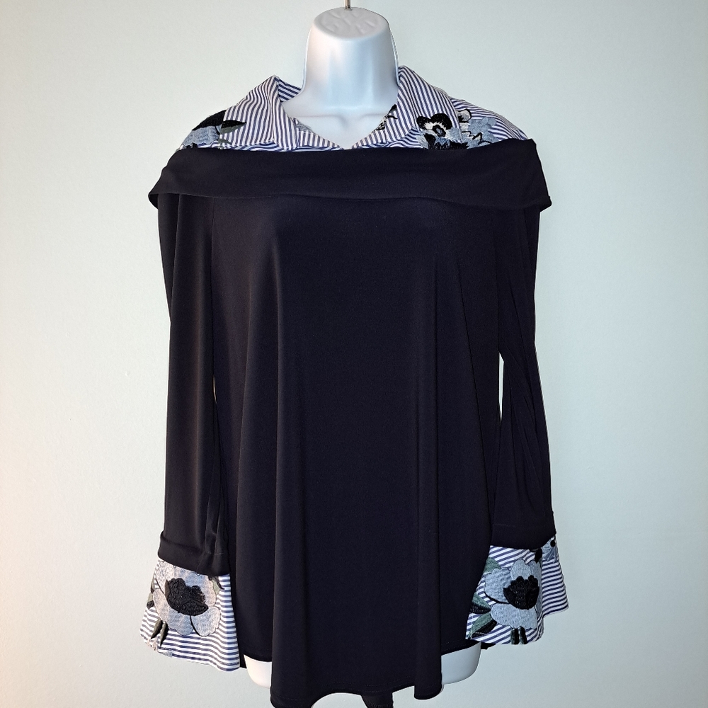 Joseph Ribkoff Navy Striped Embroidered Floral Layered Tunic Blouse Top Size 12